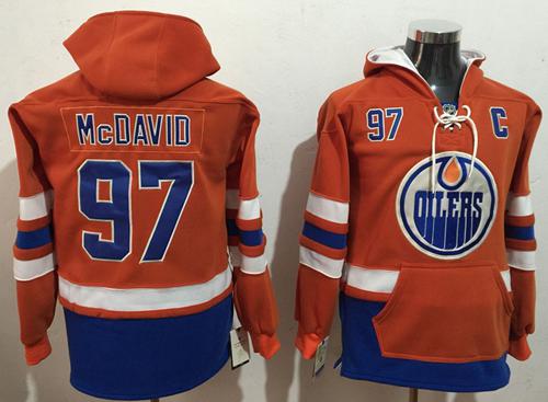 Oilers #97 Connor McDavid Orange Name & Number Pullover NHL Hoodie - Click Image to Close